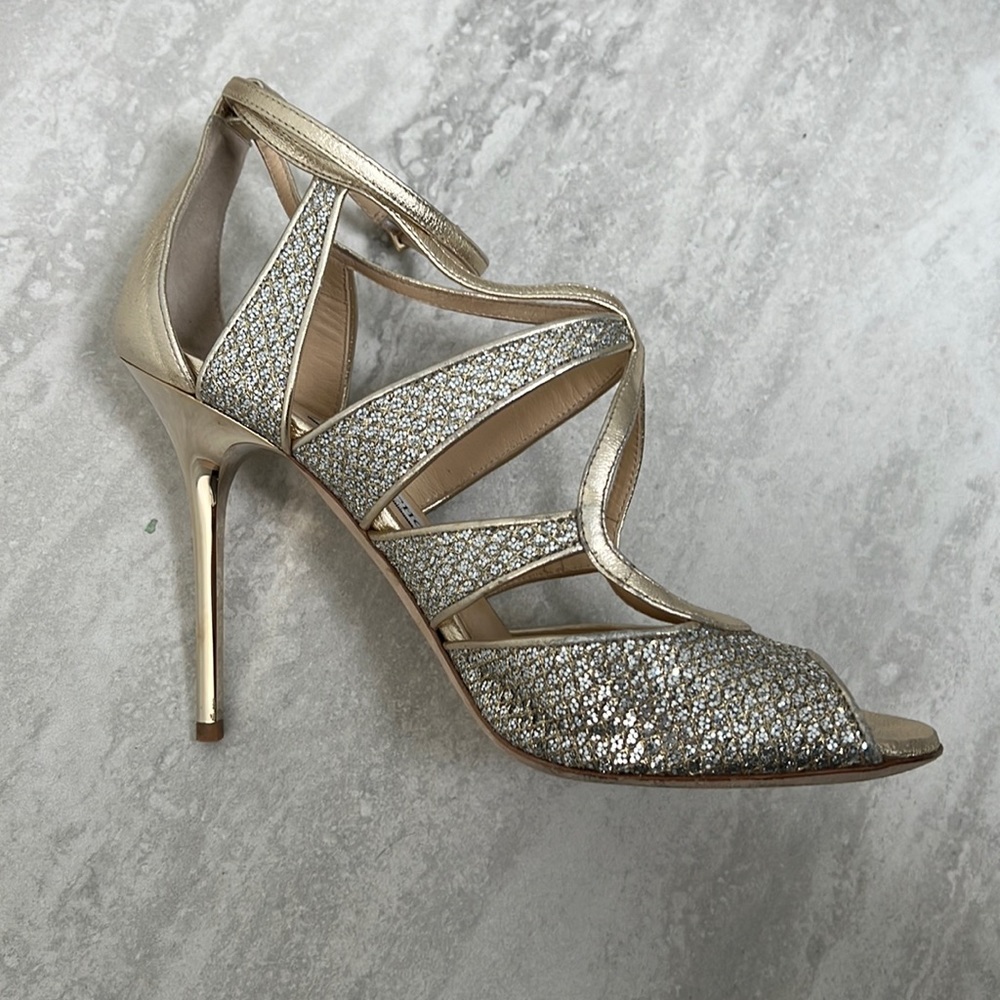 Jimmy Choo Champagne Glitter heeled sandal size 38